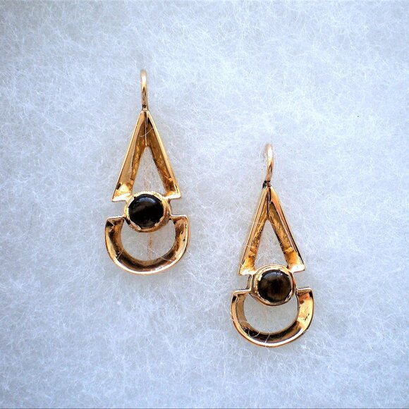 Vintage Solid 14K Yellow Gold Black Star Sapphire Dangle Drop Pierced Earrings - Picture 3 of 6